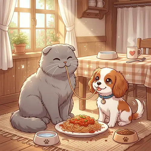 Cute Cat and Puppy Share Spaghetti in Morning Light