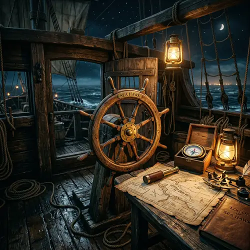 Pirate Ship Helm: Wooden Wheel & Navigation Tools | Adventure at Sea