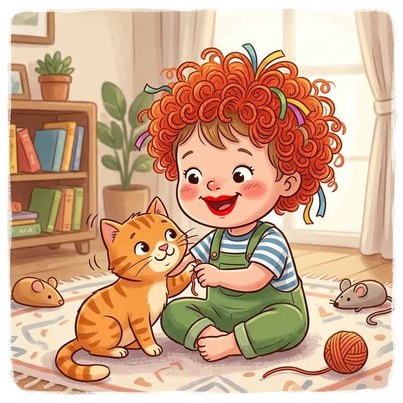 Adorable Kid with Red Lip Playing with Cute Cat Clipart