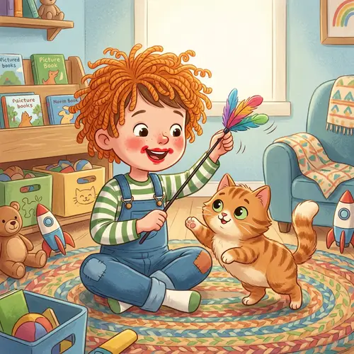 Young Caucasian Boy in Wig Playing with Cartoon Cat
