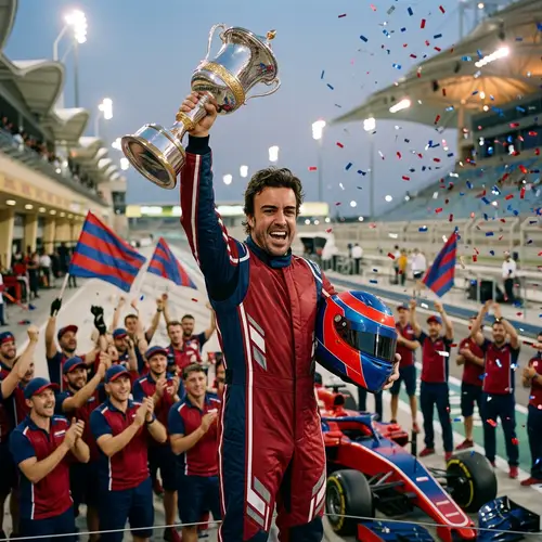Fernando Alonso Celebrates Victory with Red and Blue Racing Team
