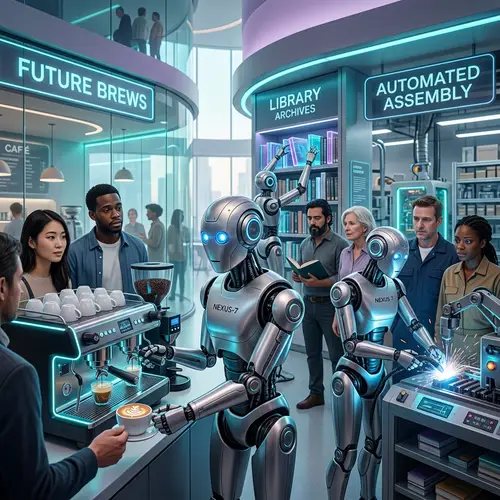 Futuristic Robot Performing Various Occupations Amidst Humans