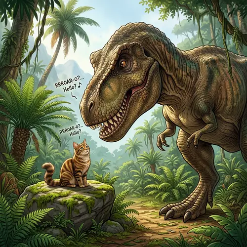 Gigantic T-Rex and Small Cat Encounter in Prehistoric Jungle