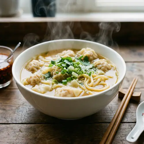 Steaming Hot Wonton Noodle Soup
