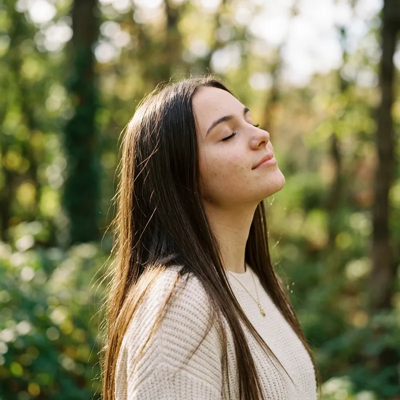 Realistic Girl with Long Hair Looking Up and to the Right