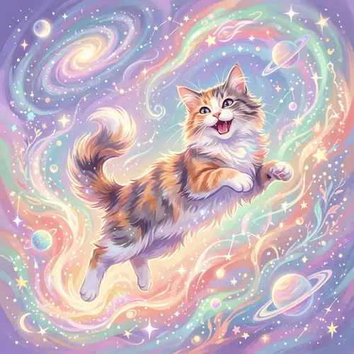 Dynamic Cat in Cosmic Universe - Pastel Hues & Joyful Expressions