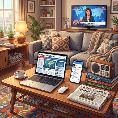 Media Sources Illustration: Newspaper, Laptop, Smartphone, TV, Radio & Books