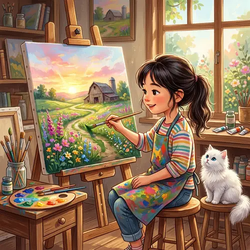 Vibrant Oil Painting of Peaceful Countryside Scene | Young Asian Artist