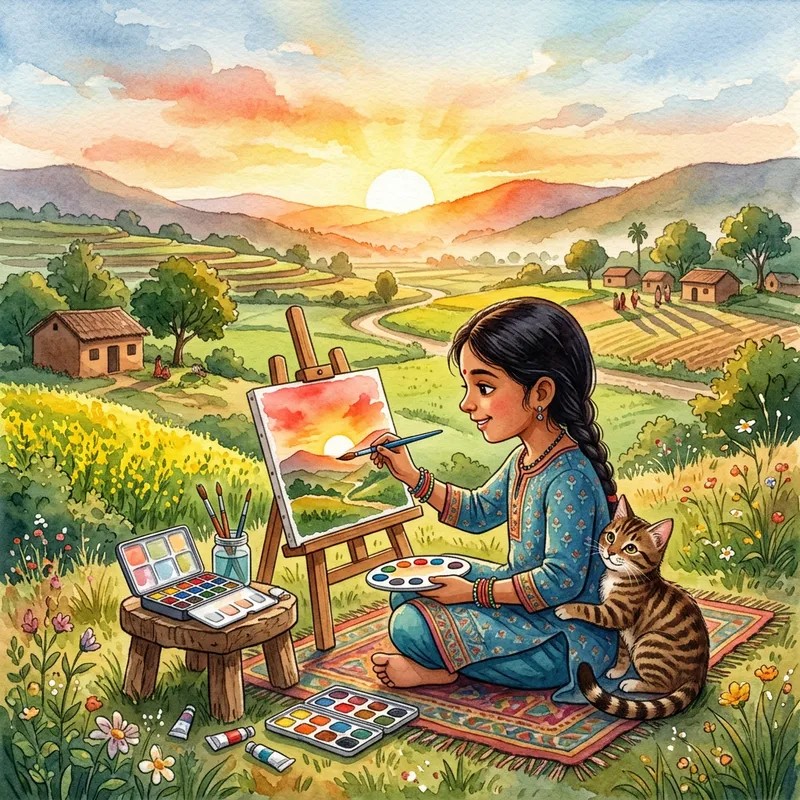 Girl Painting Sunrise Scenery with Cat in Countryside | Art Girl Painting Sunrise Scenery with Cat in Countryside | Art