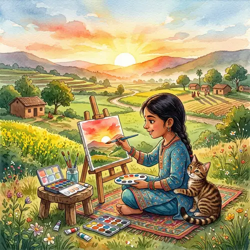 Indian Ethnicity Girl Painting Vibrant Countryside | Art