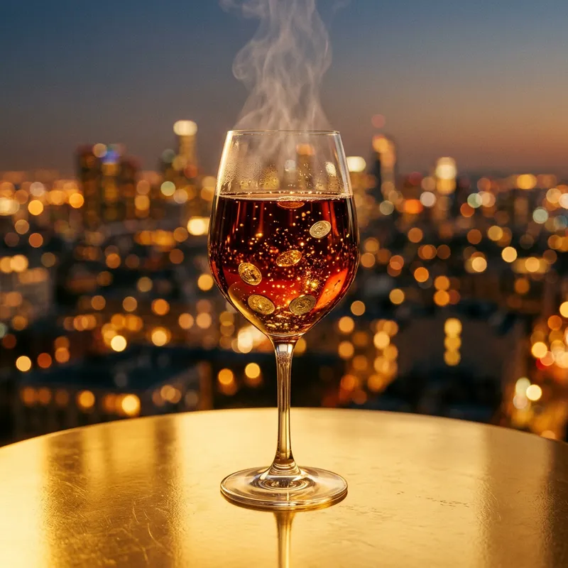 Steamy Glass of Wine with Sparkling Coins