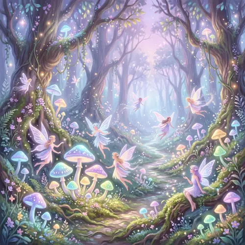 Ethereal Mystical Forest with Glowing Mushrooms and Fairies