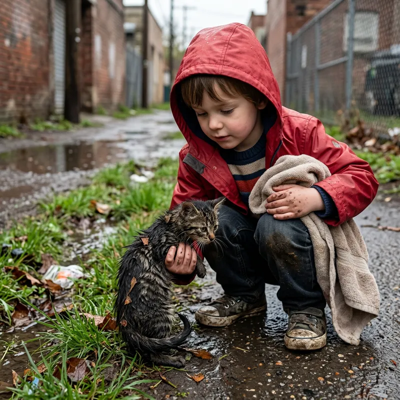 Rescuing Small Kitten from Dirty Water by Child Rescuing Small Kitten from Dirty Water by Child