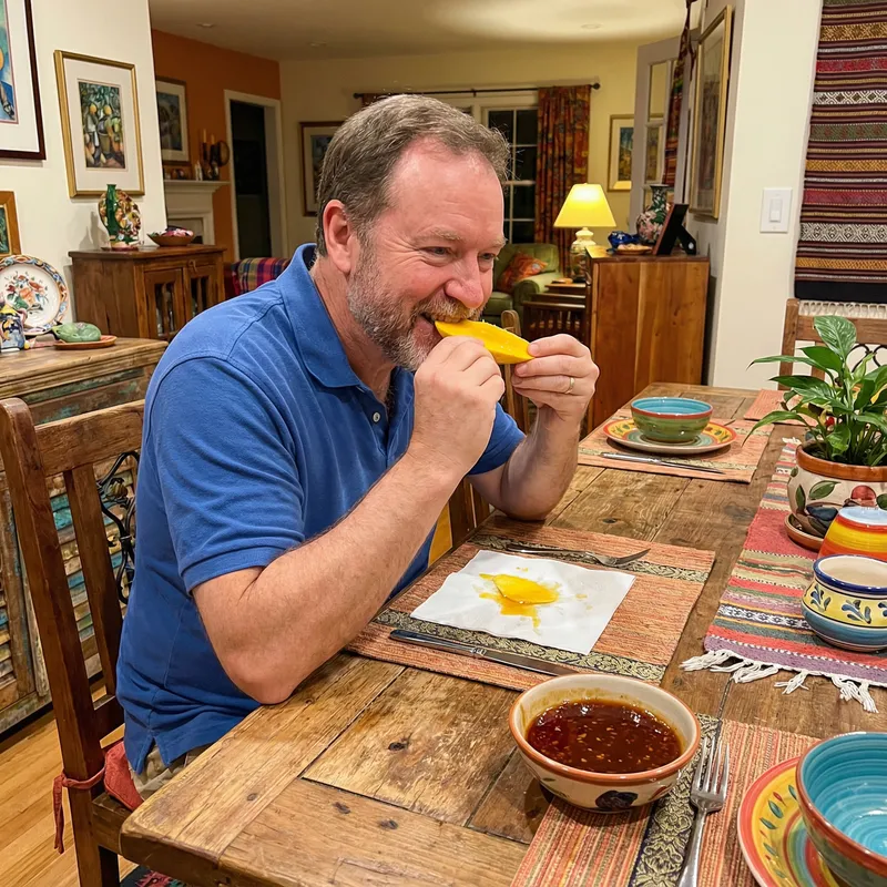 Colorful Scene: Peter Eating Ripe Mango with Sweet & Spicy Thai Sauce