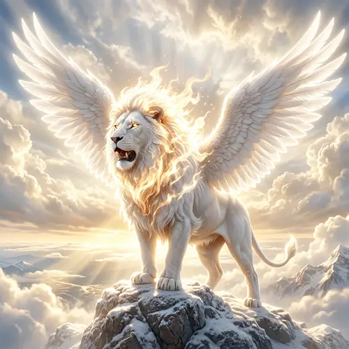 Fiery Lion with Angel Wings in White