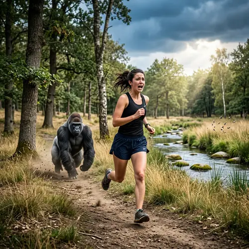 Girl Chased by Gorilla in Whimsical Forest Scene