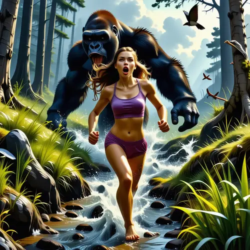 Girl Chased by Gorilla in Whimsical Forest Scene
