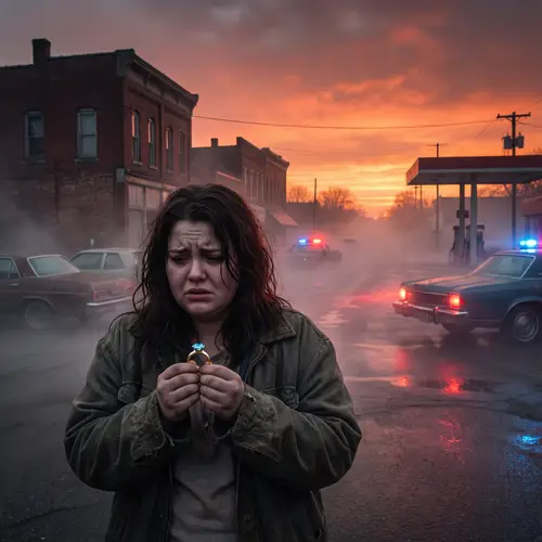 Cinematic Image of Mysterious Crossroads in Small Town at Sunset