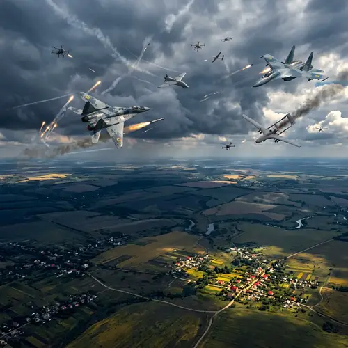 Dramatic Aerial Battle Above Ukraine Landscape