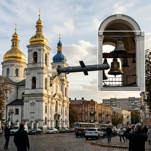 Russian Military Missile Flying between Ukrainian Churches