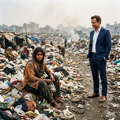 Resilient South Asian Woman Amid Trash: Beauty vs Harsh Reality