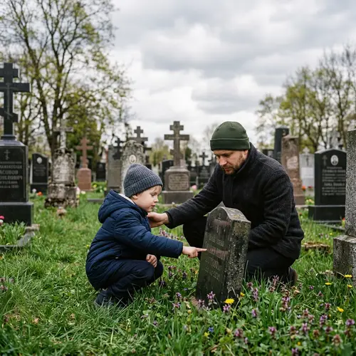Slavic Boy and Father at Cemetery: Solemn Moment Captured