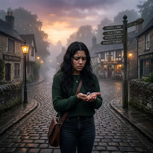 Cryptic Crossroads at Sunset: Enigmatic Scene with Youthful Woman