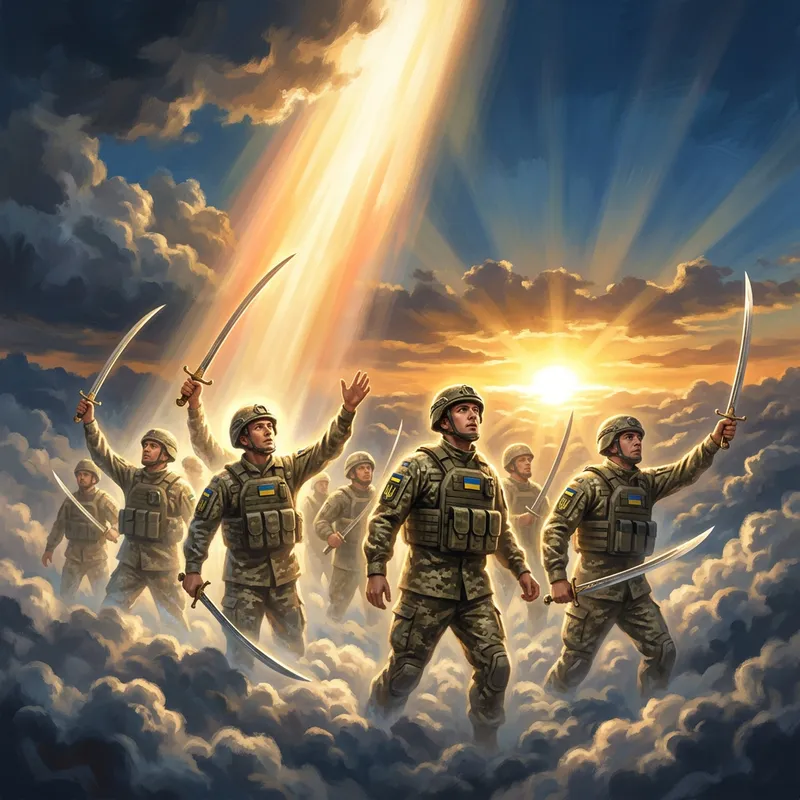 Ukrainian Soldiers Spirits Rise with Swords in Angelic Light
