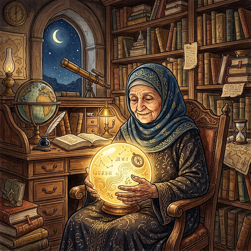 Wisdom Drawing of Middle-Eastern Elderly Woman with Golden Orb