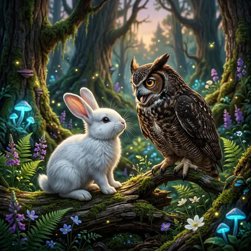 Adorable Rabbit Talking to Wise Owl in Enchanting Woodland