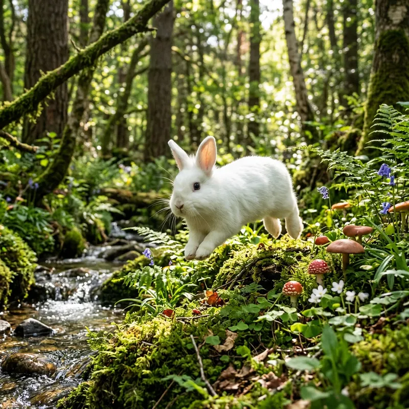 Cute Happy Rabbit Playing in Enchanting Forest Cute Happy Rabbit Playing in Enchanting Forest