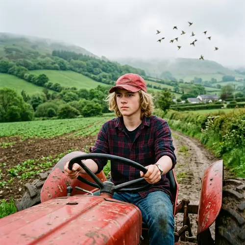Teenage Boy Riding Tractor in Welsh Countryside