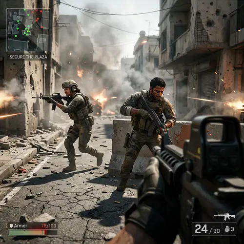 Intense First-Person Shooter Video Game Scene