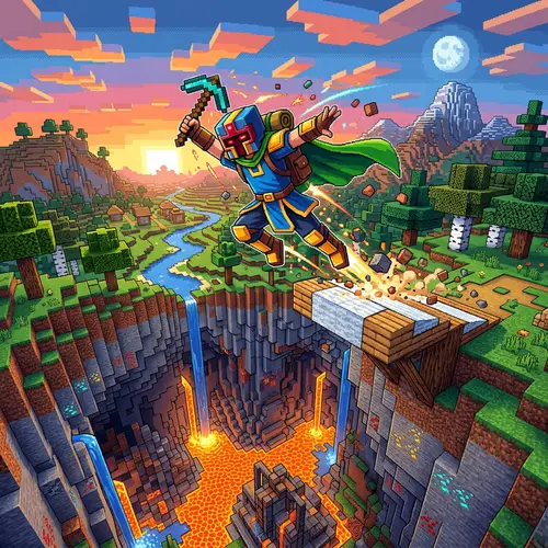 Pixel Art Minecraft-Inspired Game Character Performing Daring Trick