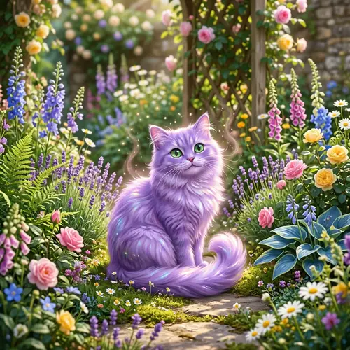 Cute Purple Cat in Vibrant Garden | Mystical Glow
