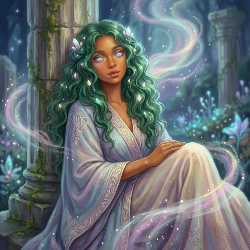 Enchanting Fantasy Portrait of Graceful Green-Haired Maiden