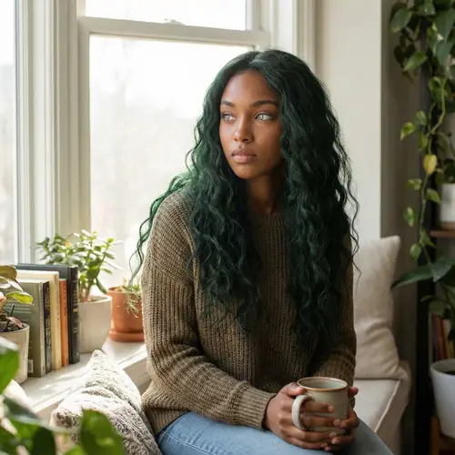 Young Brown-Skinned Woman with Long Green Wavy Hair and Pale Eyes