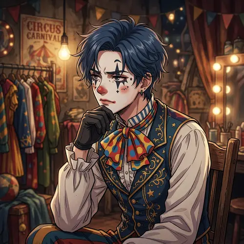 Thoughtful Clown: Anime Man with Short Hair