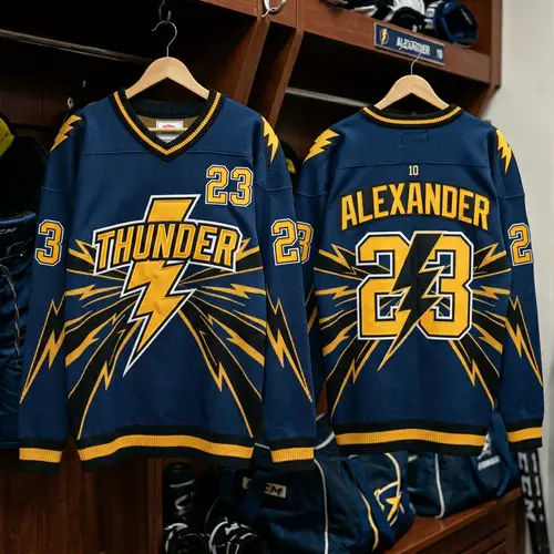 Thunderbolt Blue and Black Sweater with Gold Accents