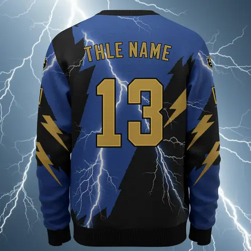 Thunderbolt Blue and Black Sweater with Gold Accents