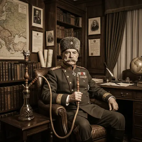Historical Figure with Mustache Smoking Hookah in Vintage Setting