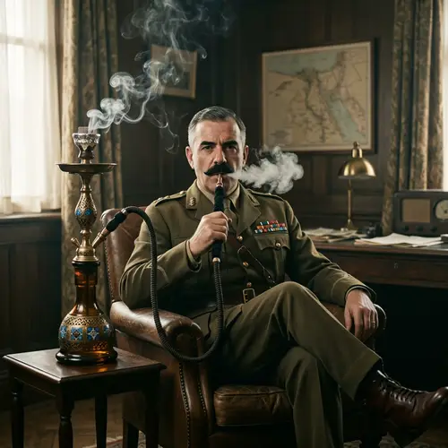 Vintage Military Man Smoking Ornate Hookah