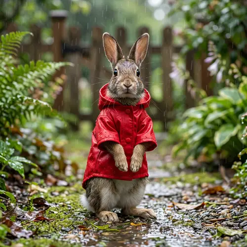 Delicate Rabbit in Red Raincoat | Hop Into Rainy Adventures