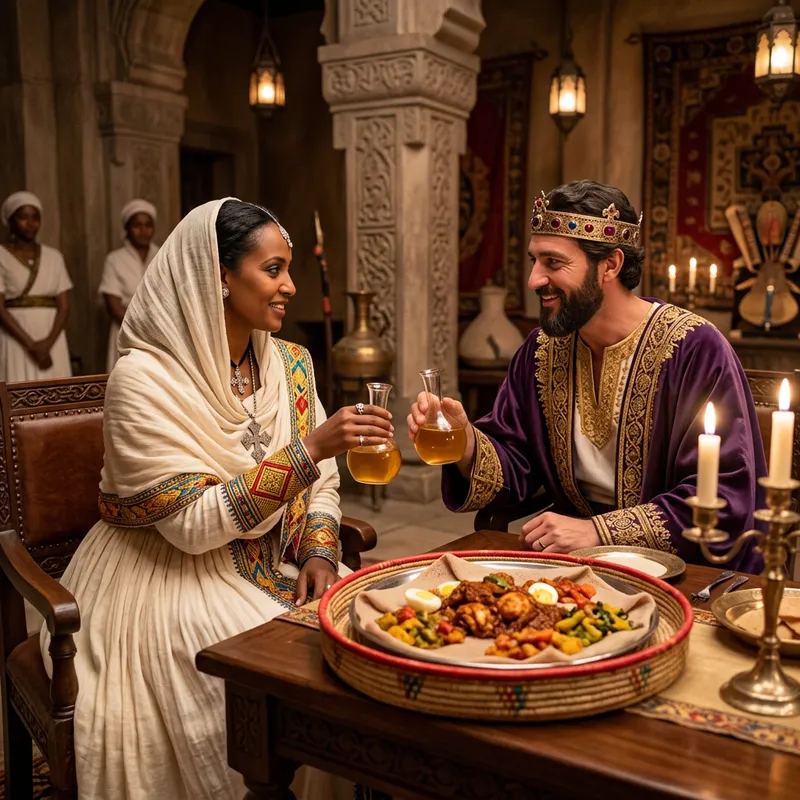 Queen of Sheba and King Solomon Dine in Romantic Ethiopian Style Queen of Sheba and King Solomon Dine in Romantic Ethiopian Style