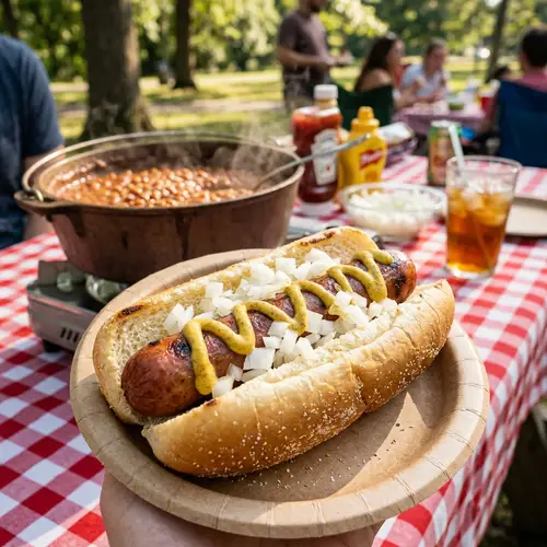 Grilled Glizzy Hotdog in Soft Bun with Mustard and Onions