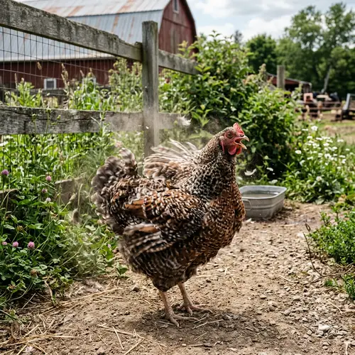 Lively Chicken Shaking Feathers in Rustic Farm Setting
