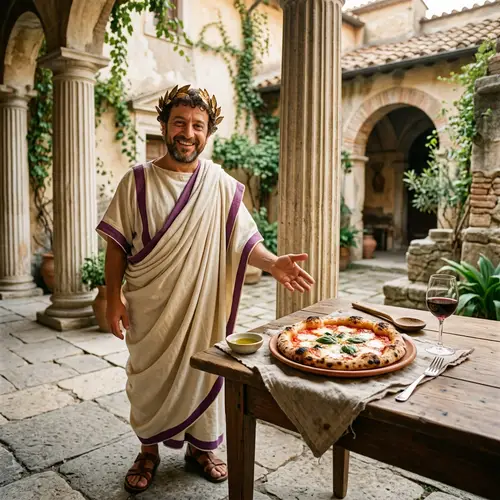 Small Roman Character Invites to Try Delicious Pizza