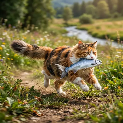 Playful Cat with Fish: Energetic Feline Running