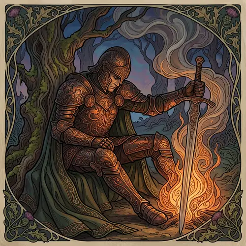 Ancient Knight by a Roaring Campfire - Art Nouveau