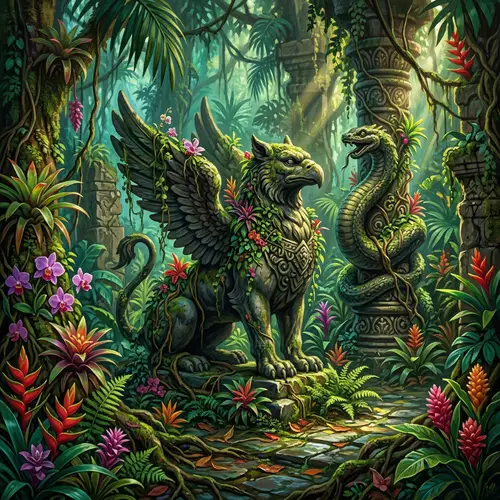 Victorian-Style Mythical Stone Statues in Jungle